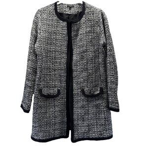 Talbots Women's Blazer Sz Small Petite Coat Open Lined Black White Tweed Pockets